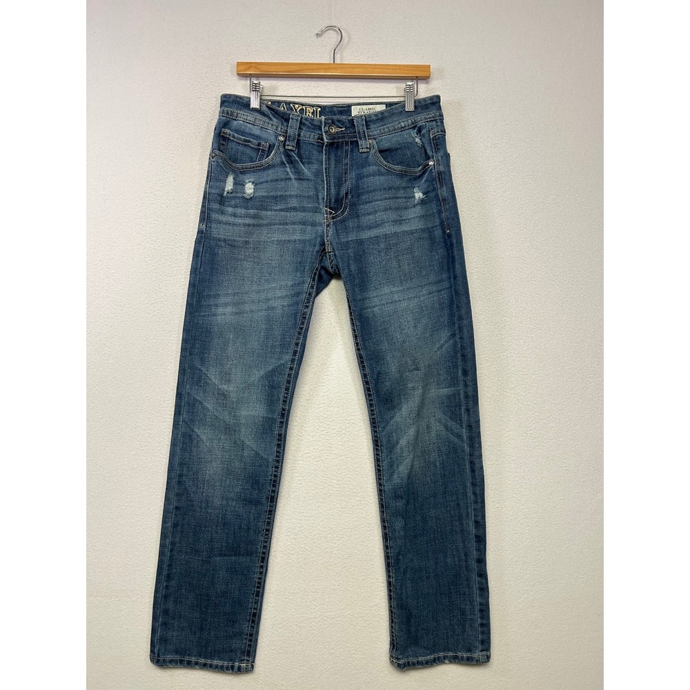 Western Axel Mens 30x32 Blue Classic Straight Distressed Embroidered Jeans